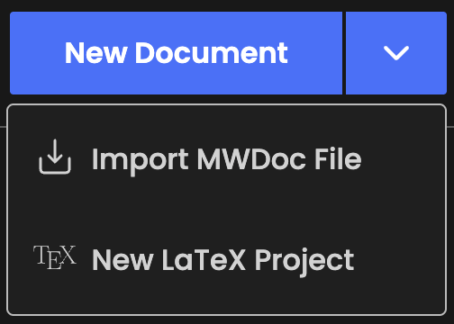 New document dropdown showing LaTeX Workspace and Documents options